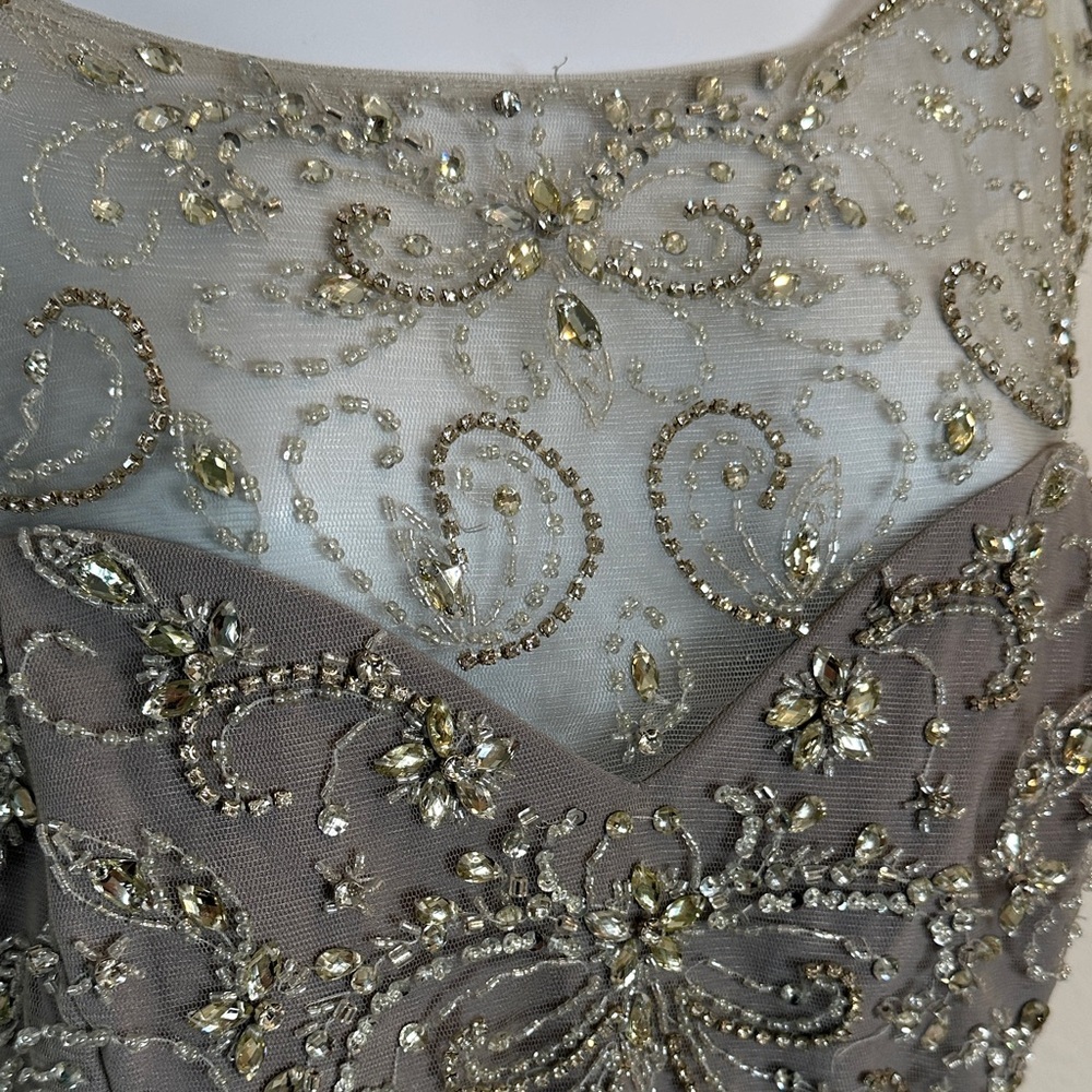 Christina Wu Taupe Embellished Illusion Cap Sleeve Maxi Dress - Picture 4 of 7